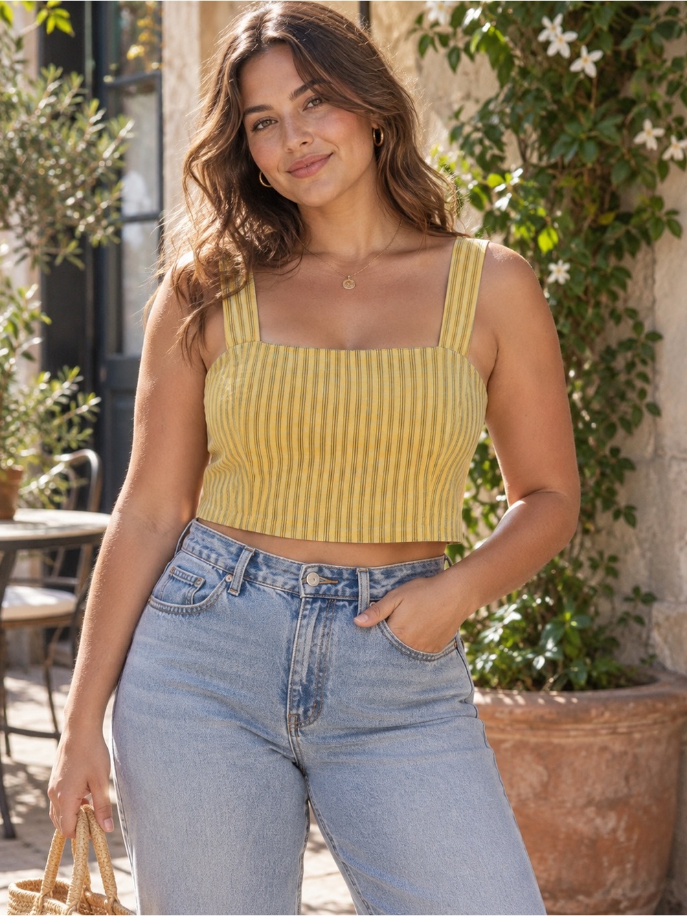 Urban Renewal Mustard Striped Vintage Fabric Structured Crop Top Large